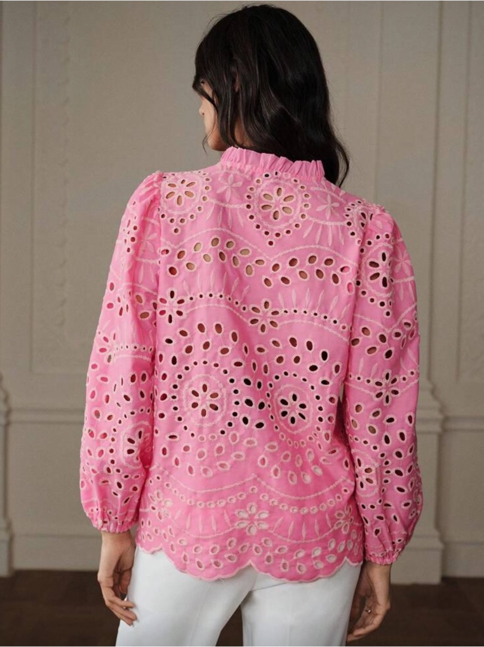 Avalon French Pink Eyelet Blouse White Embroidered Flowers, Puff Sleeves, L, New - Picture 7 of 7